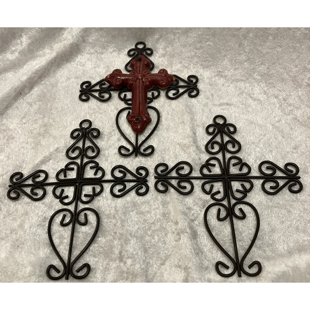 Lot of 3 Handmade Crosses Burgundy Ceramic Steel & Ornate Scrollwork Wall Decor